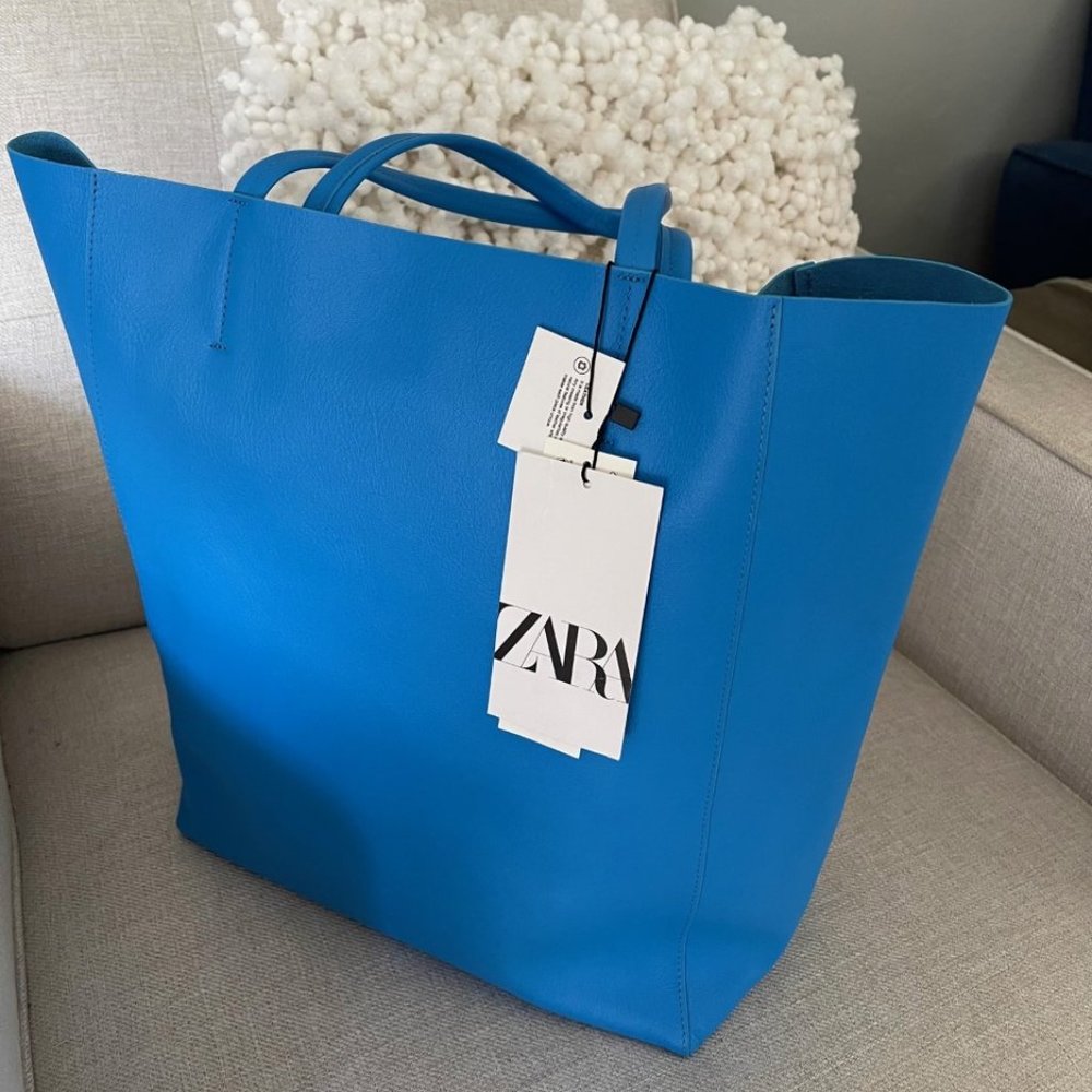 Brand New ZARA bag LEATHER Tote Collection BLUE Authentic RARE LOGO TAG SUMMER